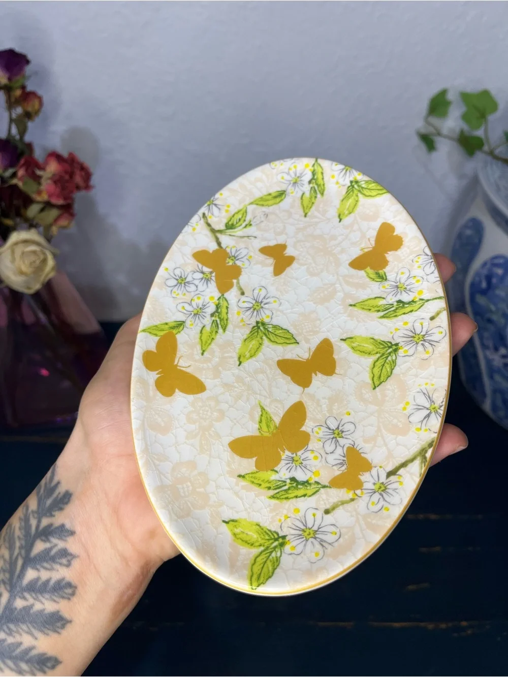 Butterfly Flowers Trinket Ring Jewelry Soap Dish Made in Portugal Cottagecore